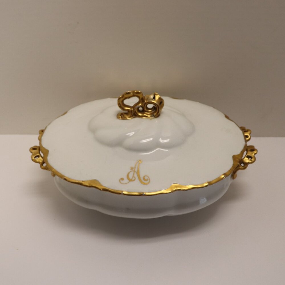 White Porcelain Bowl with‎ Lid that has the Letter A in Gold Versailles